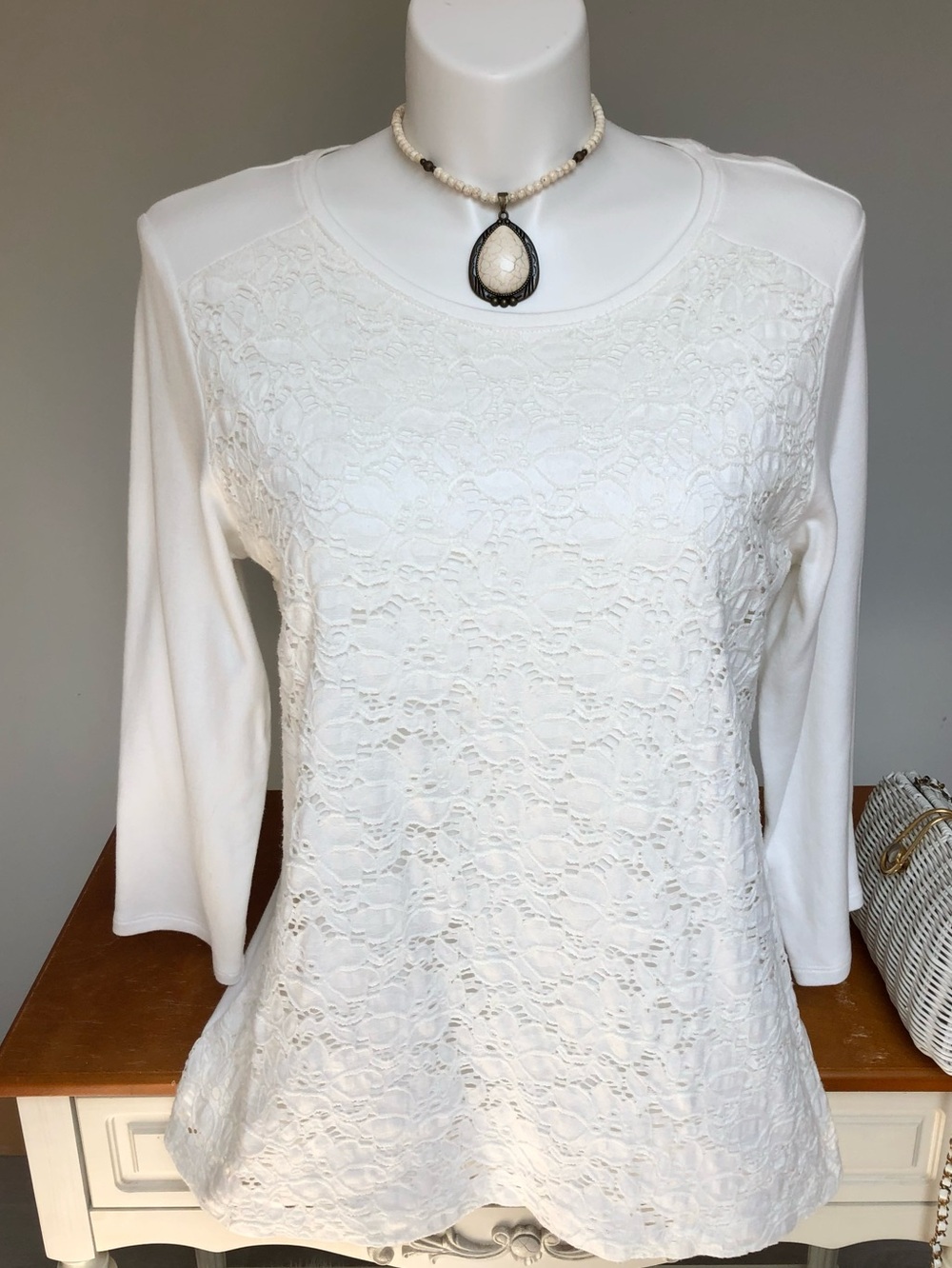 Croft & Barrow White Floral Eyelet Cotton 3/4 Sleeve Top Size XL